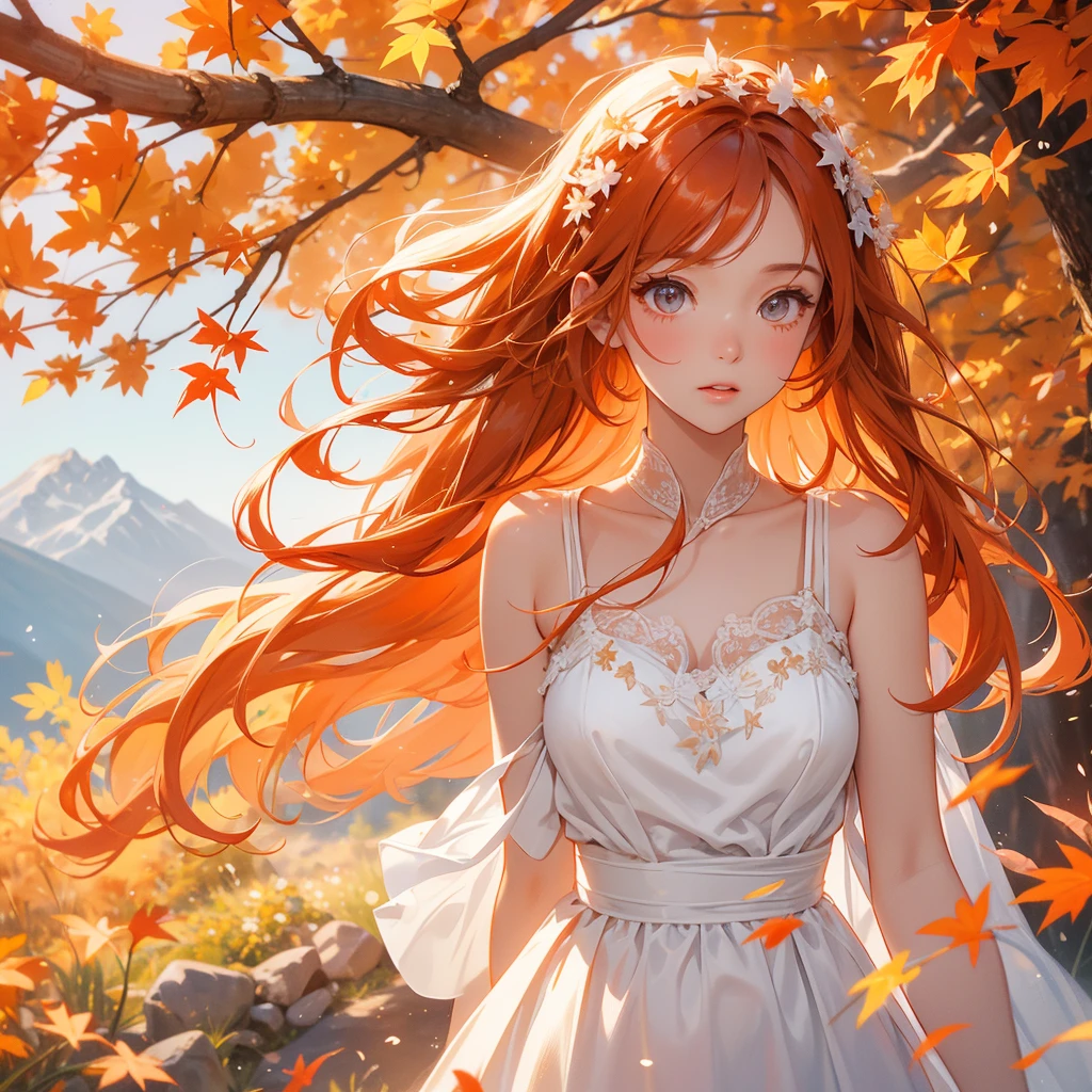 A beautiful girl with long hair, wear white dress, Walking in a mountain that turns orange-red in spring, with the sun shining on her face, close up.
The backdrop is a mountain that turns orange-red in spring, and maple leaves fall from the trees.