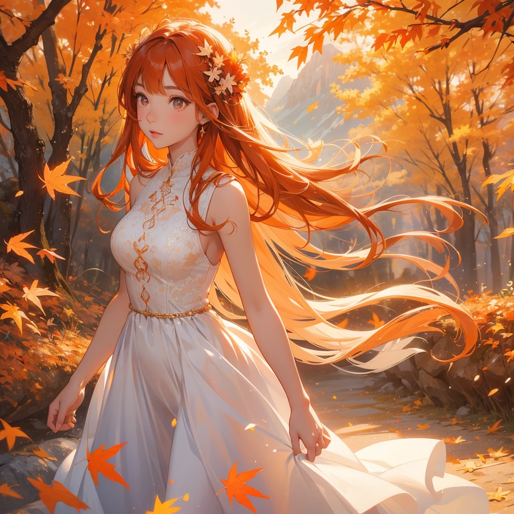 A beautiful girl with long hair, wear white dress, Walking in a mountain that turns orange-red in spring, with the sun shining on her face, close up.
The backdrop is a mountain that turns orange-red in spring, and maple leaves fall from the trees.