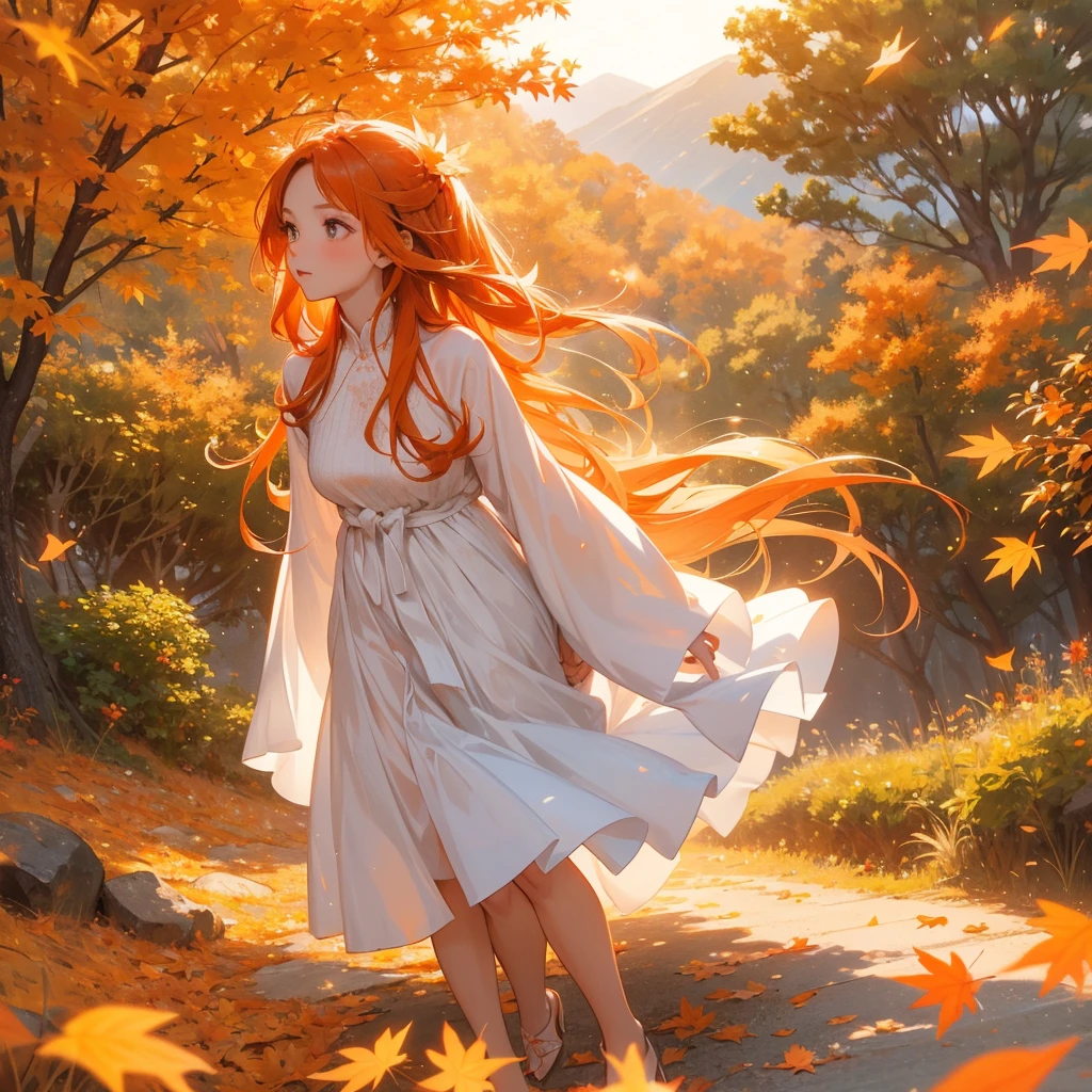 A beautiful girl with long hair, wear white dress, Walking in a mountain that turns orange-red in spring, with the sun shining on her face, close up.

The backdrop is a mountain that turns orange-red in spring, and maple leaves fall from the trees.