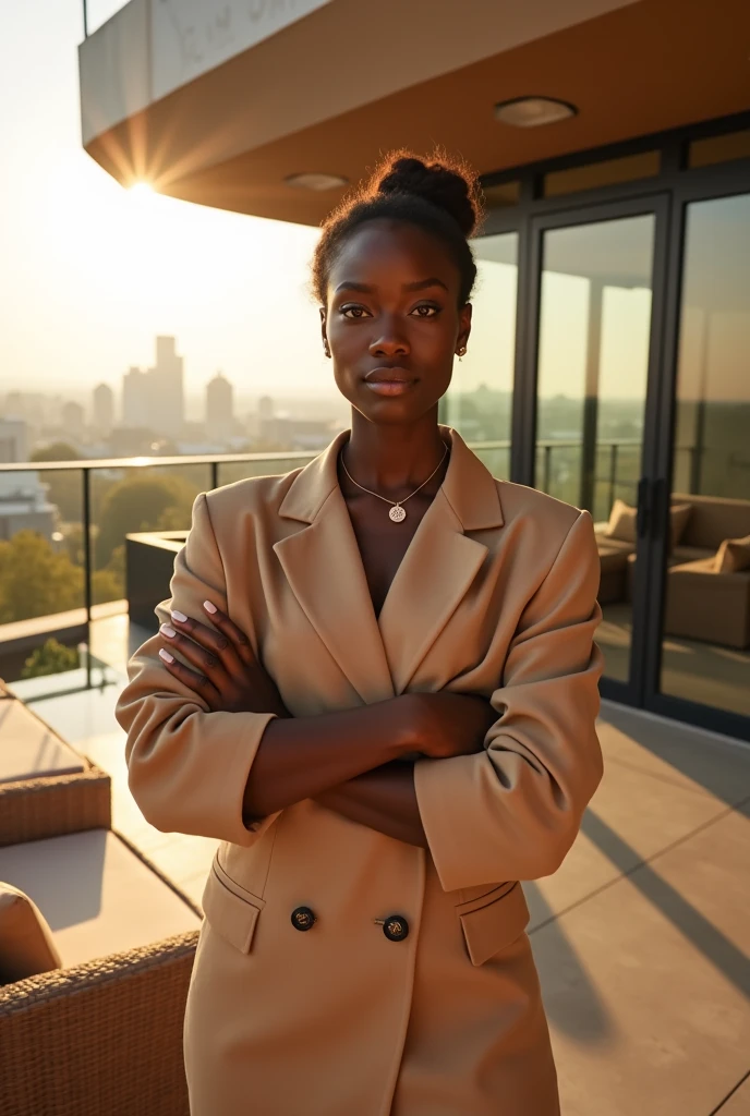 black girl and her white best friends, arms crossed, she is the leader, setting is a large luxury patio, tan furniture, natural lighting, view of Washington DC, futuristic, detailed, hd, wearing Stella mccartney