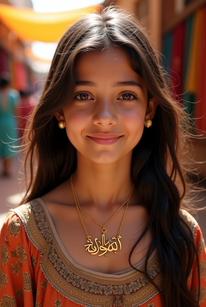 Girl wearing a Tahzeem word neck chain
