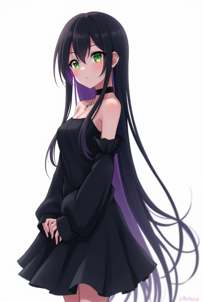 The background is all white. The body is facing in the direction of the right eye. The girl has long black hair with a purple inner layer and a hime cut. She has a black choker around her neck.。Wearing a black dress with exposed shoulders and long sleeves that cover the hands Piercings under the mouth and in both ears Anime character with green eyes Anime style