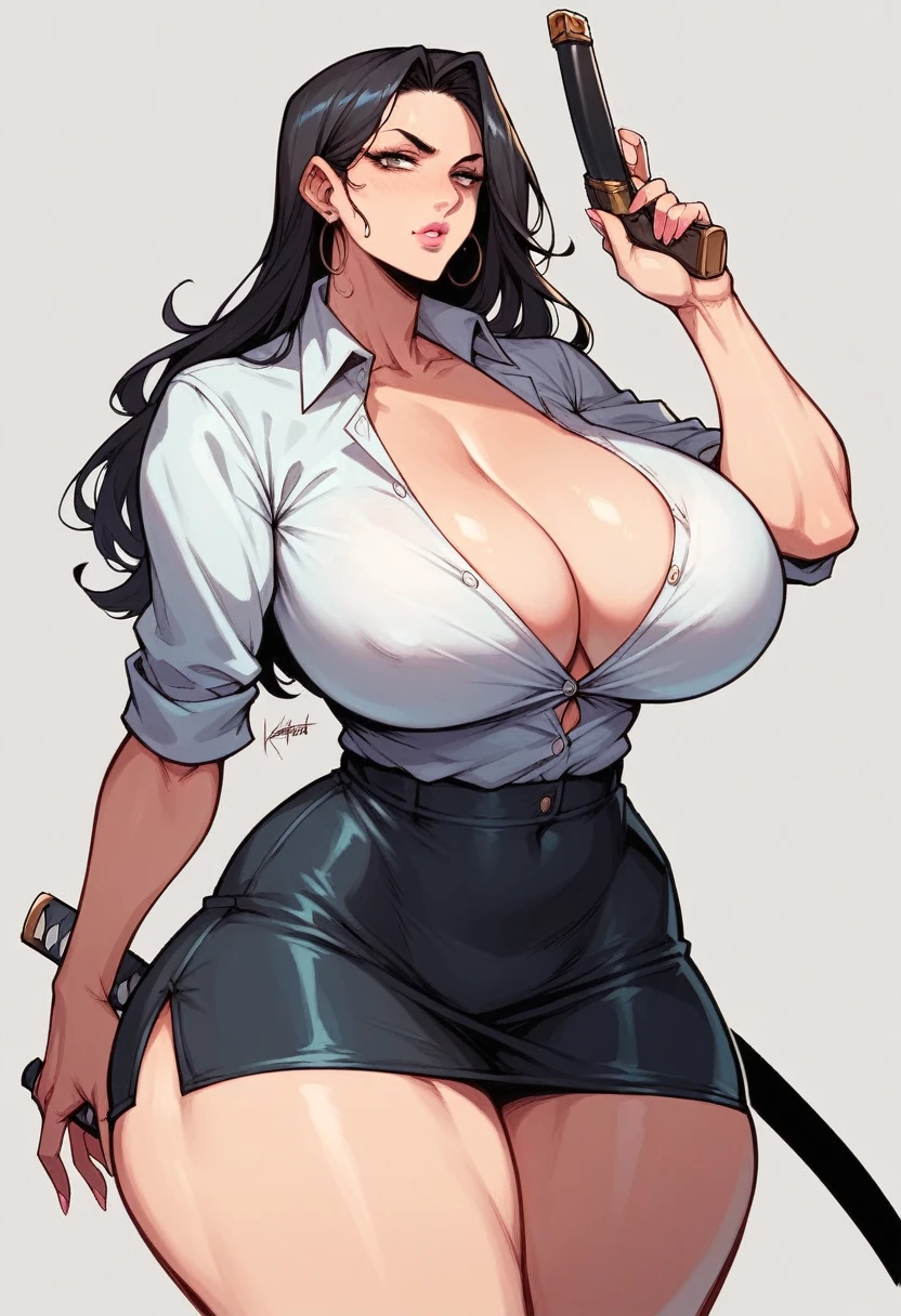 Anime Milf,massive breasts,massive ass,wide hips,wears tight button shirt,short black skirt,pink lips,katana,guns
