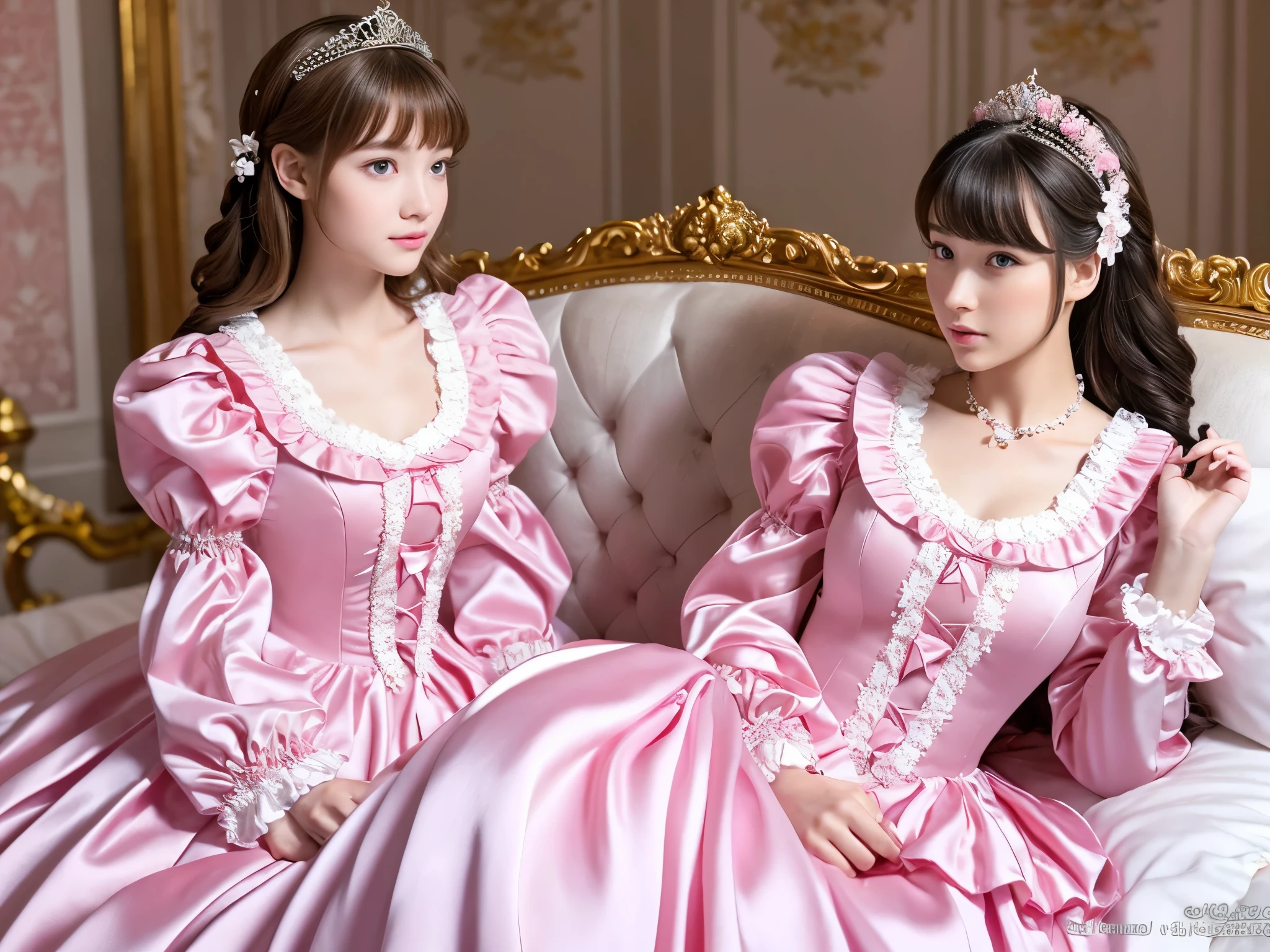 ,highest quality, masterpiece, highest resolution, artwork, super それにget used to it, many get used to it, get used to it, それにget used to it, 3k realistic pictures,,((10 year old little girls)),Ultra-detailed juvenile face,three are princesses,full length ball gown dress with hoop skirt,ruffled yoke collar,puff sleeves,long sleeve,((Lolita style hot pink detailed princess satin dress with lots of ruffles and ribbons)),Rococo style lolita fashion,shiny satin dress,Soft and smooth fabric,luxury,long blonde hair,blue eyes,white skin european,Pajama,((in the bedroom)),luxury princess canopy frilled bed,super detailed bed,lying on the bed,High-quality background,