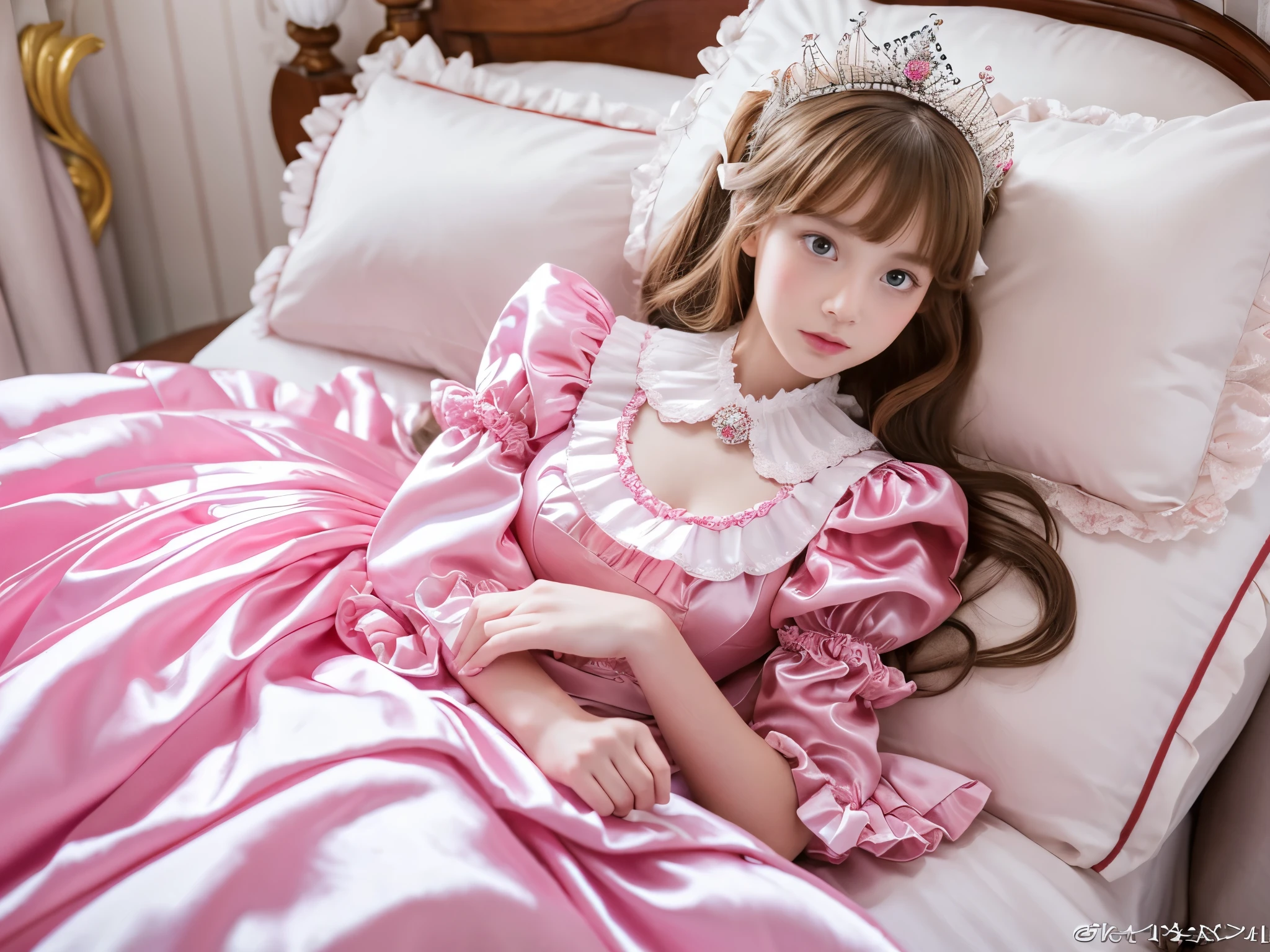 ,highest quality, masterpiece, highest resolution, artwork, super それにget used to it, many get used to it, get used to it, それにget used to it, 3k realistic pictures,,(( little girletailed juvenile face,three are princesses,full length ball gown dress with hoop skirt,ruffled yoke collar,puff sleeves,long slee(Lolita style detailed hot rincess satin dress with lots of ruffles and ribbons)),Rococo style lolita fashion,shiny satin dressand smooth fabric,luxury,long blonde hair,blue eyes,white skin european,Pajama,((in the bedroom)),luxury princess canopy frilled bed,super detailed silk satin bed,lot of frilled pillows,they are lying on the bed,High-quality background,