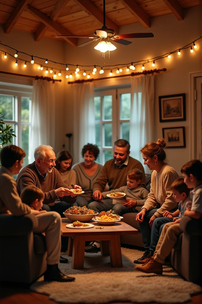 A family ghatering wih grandpa, grandma, mother, father, uncle, antie, sibling, cousin, niece, nephew, son, daughter and helper