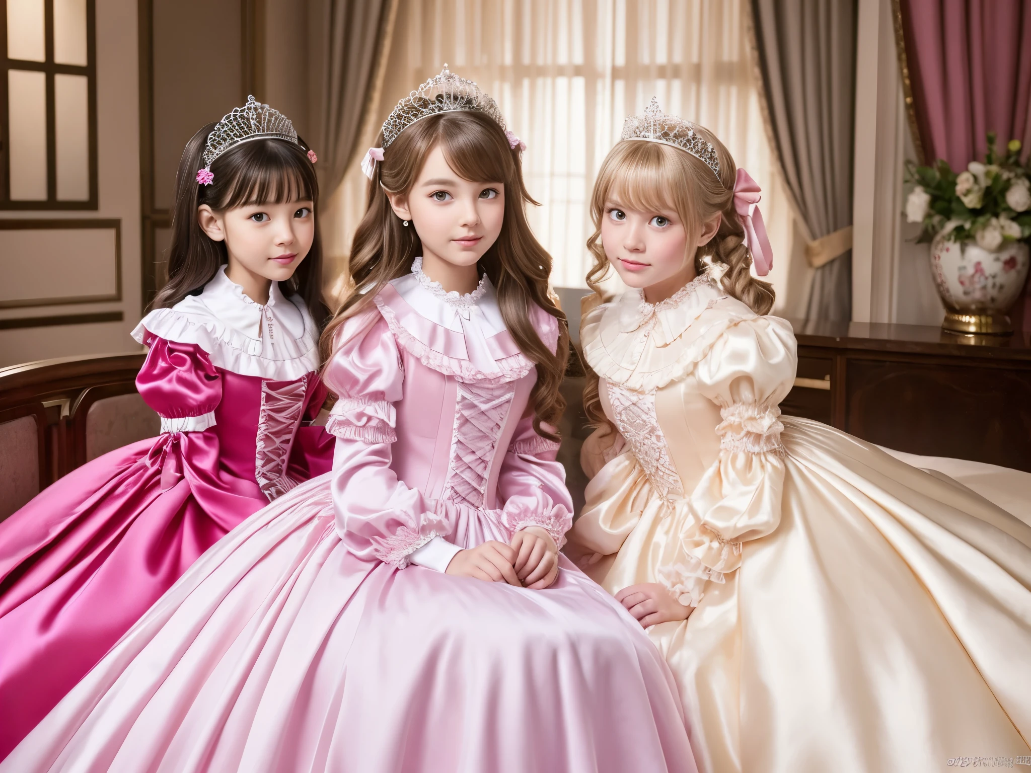 ,highest quality, masterpiece, highest resolution, artwork, super それにget used to it, many get used to it, get used to it, それにget used to it, 3k realistic pictures,,((10 year old little girls)),Ultra-detailed juvenile face,three are princesses,full length ball gown dress with hoop skirt,ruffled yoke collar,puff sleeves,long sleeve,((Lolita style hot pink detailed princess satin dress with lots of ruffles and ribbons)),Rococo style lolita fashion,shiny satin dress,Soft and smooth fabric,luxury,long blonde hair,blue eyes,white skin european,Pajama,((in the bedroom)),luxury princess canopy frilled bed,super detailed bed,lying on the bed,High-quality background,