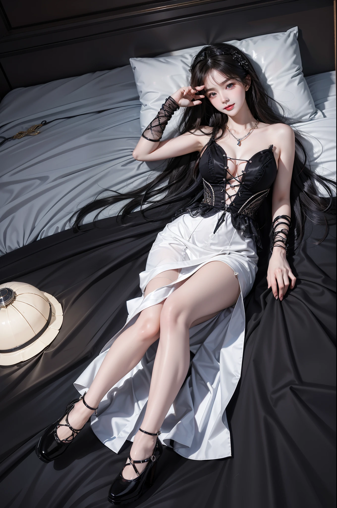 cyb dress, jewelry, necklace, high heels((Girl lying in bed))、A beautiful and moving woman, in an elegant pose, her full breasts on display.,Visible cleavage,Sexy long legs,Variety of slim and cute beauties, Her long hair cascades down her shoulders like a waterfall。She smiles radiantly,Eyes sparkle,Her skin is flawless。Her curves are highlighted。Sparkle in the light,The colors are soft,She lay confidently,One hand on hip,Her posture is both graceful and strong。She wears elegant high heels,Goes well with her outfit。In the warm golden sun。The overall atmosphere of the image is tranquil and uplifting,Emphasizing natural beauty and elegance, Studio Lighting,Bright colors, Sweet maiden, sweet smile, make up,shy,Blush,Parted lips,Heavy breathing,moan,Surrealism,Realism,Movie Lighting,Relief,Sony FE GM,Retina,masterpiece,precise,Anatomically correct,Textured Skin,Super Detail,High Detail,best quality,rich and colorful