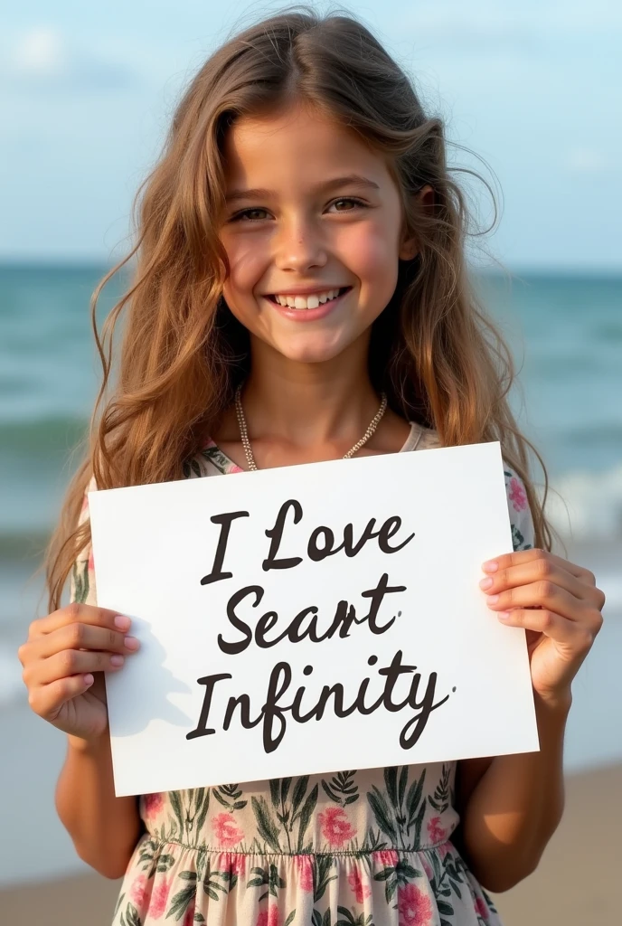 Beautiful girl with wavy long hair, bohemian dress, holding a white board with text "I Love Seaart Infinity" and showing it to the viewer