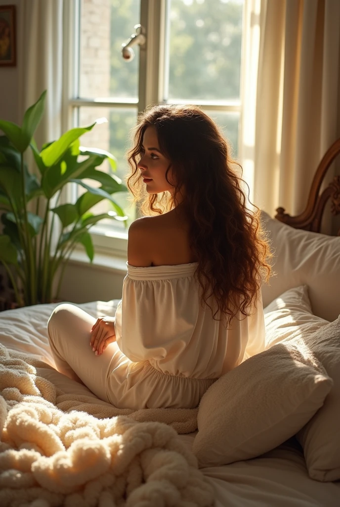 (photorealism:1.2), beautiful woman, sitting on bed, wearing loose off-shoulder top, pajama pants, long curly hair, indoors, soft lighting, plants in background, window with sunlight, cozy room, relaxed pose, realistic, intricate details, warm colors, by Greg Rutkowski, by Alphonse Mucha