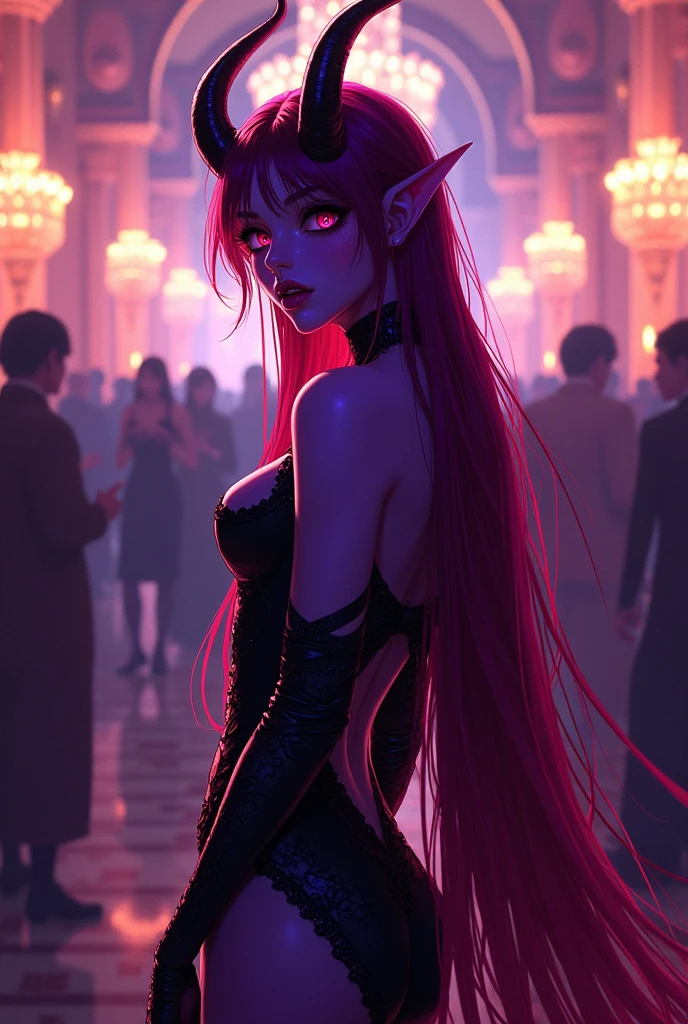 ((High quality)) ((vibrant colors)) 1guy, 20 years old, In a masquerade ball a femboy, male feminine incubus stands, purple skin tone, black sclera, long heterochromatic hair, red and purple hair, long pointy ears, curved black and red horns, purple devil wings, black scanty succubus attire, anime, seductive, anime