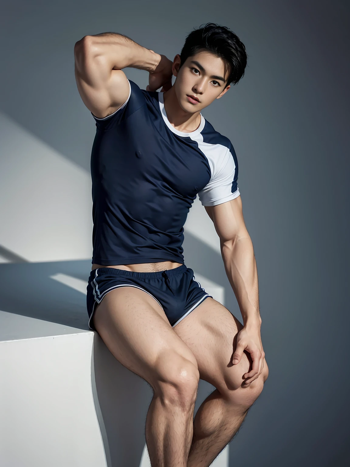 1 Handsome naked Japanese guy ,Sexy pose, A 20 year-old man wearing a Bare chest shirt and Excellent shorts stands against a white background, navy Blue, navy Blue, Sports T-shirt, Blue, Excellent Sportswear, Gorgeous and sexy clothes, Sportswear, Short sleeve, Jinjinshen Blue clothes, Tall young man, Tennis suits, Wearing Sportswear, dark Blue decorative clothing,male,Bare chest,Full chest muscles,Swelling of chest muscles,Six-pack,Hips, Handsome,High,Muscles look good,hairy body,Sexy expression, Wheat complexion,black eyes(thin eyes 1:3),Full body image, Excellent, perfect dick shape, Perfect hand details,Detailed you, , Mostly juicy ass, The opening of your legs