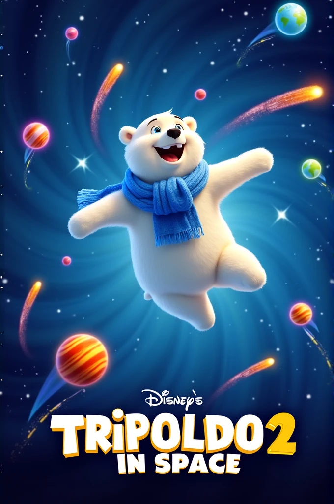Make a poster of a Disney movie with a polar bear wearing a blue and white striped scarf in space and that says Tripoldo 2: in the space