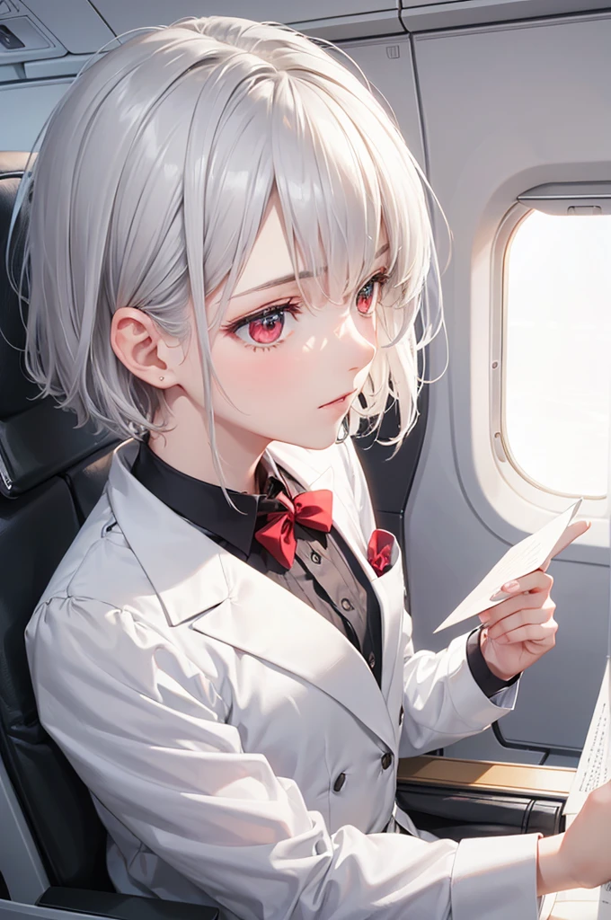 (profile, Reading a letter style), (hand holding a latter), (solo:2, 16 yo) (beautiful detailed crew cut silver hair very short hair) (best cool divine boy) (cool beautiful red eyes) (Surprised face, Complaints mouth), in a butler suit, break, in the Airplane business class seats, sit down on seats, BREAK, perfect anatomy, masterpiece, best quality, 16k, beautiful detailed grow, daydreaming expression.