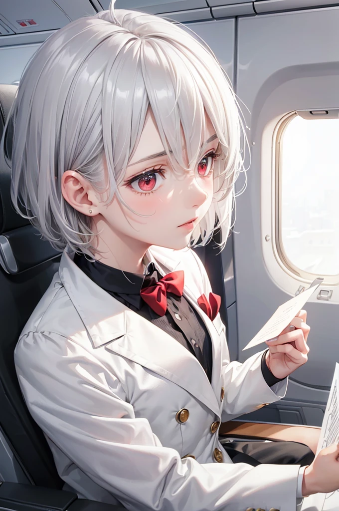 (profile, Reading a letter style), (hand holding a latter), (solo:2, 16 yo) (beautiful detailed crew cut silver hair very short hair) (best cool divine boy) (cool beautiful red eyes) (Surprised face, Complaints mouth), in a butler suit, break, in the Airplane business class seats, sit down on seats, BREAK, perfect anatomy, masterpiece, best quality, 16k, beautiful detailed grow, daydreaming expression.