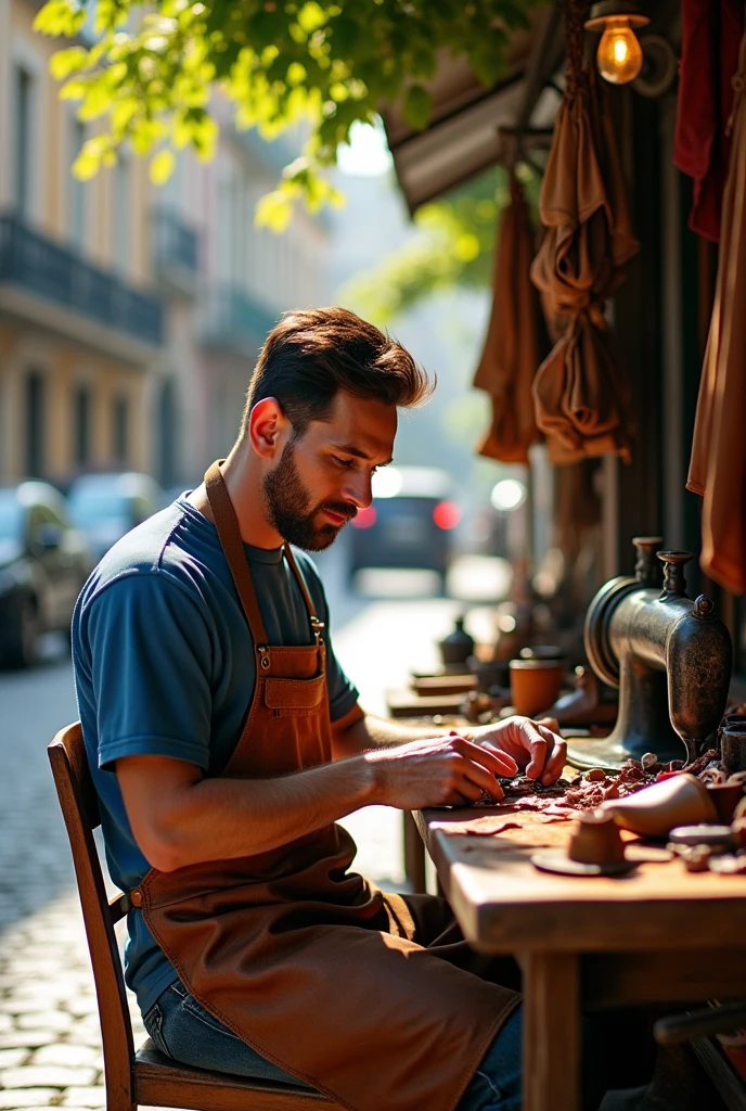 Messi as a cobbler beside the road