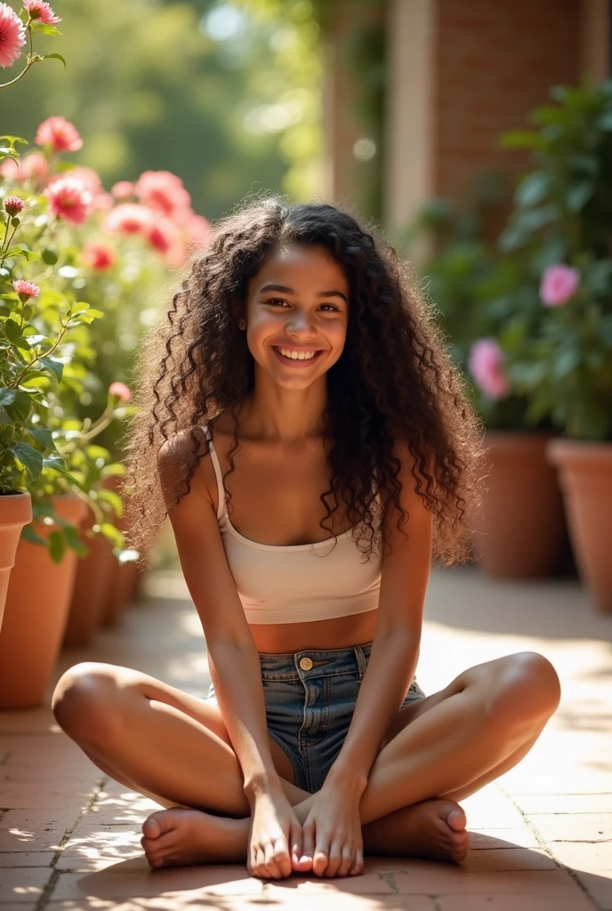 A brunette girl with curly hair and big breasts sits with her legs stretched out, taking a realistic photo