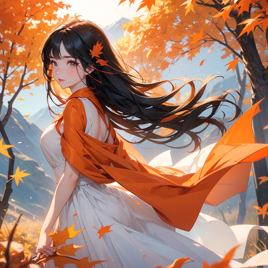 A beautiful girl with long black hair, wear white dress, Walking in a mountain that turns orange-red in spring, with the sun shining on her face, close up.

The backdrop is a mountain that turns orange-red in spring, and maple leaves fall from the trees.