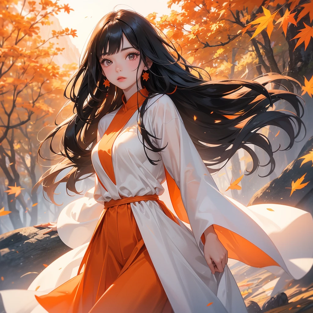A beautiful girl with long black hair, wear white dress, Walking in a mountain that turns orange-red in spring, with the sun shining on her face, close up.
The backdrop is a mountain that turns orange-red in spring, and maple leaves fall from the trees.