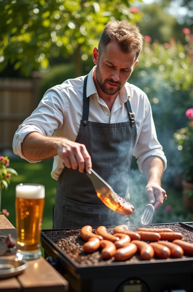 An experienced barbecue chef preparing sausage on the grill, with a cold beer on the side.
