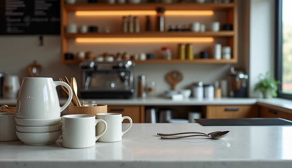 A direct view of a cafe counter with a modern, minimalist design. The counter features a clean, organized layout with cups, utensils, and other coffee-related items neatly arranged. While a coffee machine is present, it is not the main focus. The scene includes shelves with coffee supplies in the background, creating a stylish and inviting cafe atmosphere. The counter is unattended, with no barista or person in view, giving the impression of a quiet moment in the cafe.
