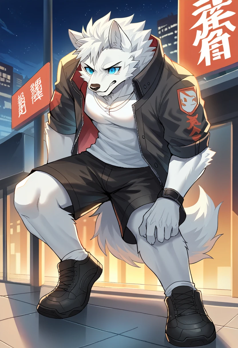 embedding:white wolf, male,blue eyes,Single person, indoor，city,Look outside,Outside is the city,Black windbreaker,Black shorts,Black sports shoes,Alone,night，Artistic tones,Stand by the window.The highest quality of scene detail,teenager,have no muscle，Best quality hands, best quality eye，detailed fur，Delicate eyes.Extreme picture quality，by sollyz,by zixiong,by milkytiger1145