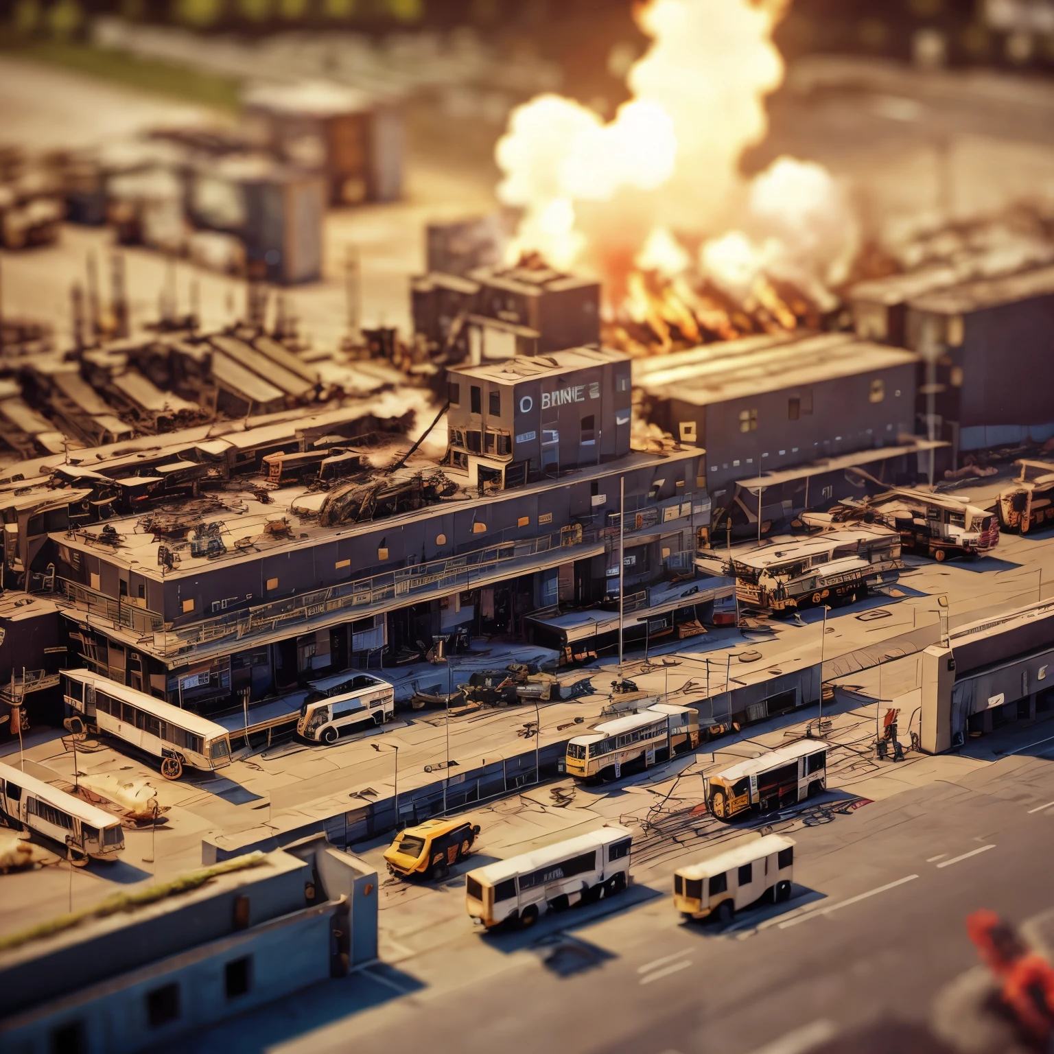 miniature scene, exaggerated scale, cars mid-explosion, customs officers frozen in action attempting to intervene, vibrant flames engulfing vehicles, smoke plumes rising, background blur of airport terminal, deep focus, dramatic lighting, glossy finish, highly detailed exploding cars, dynamic shadows, cinematic.