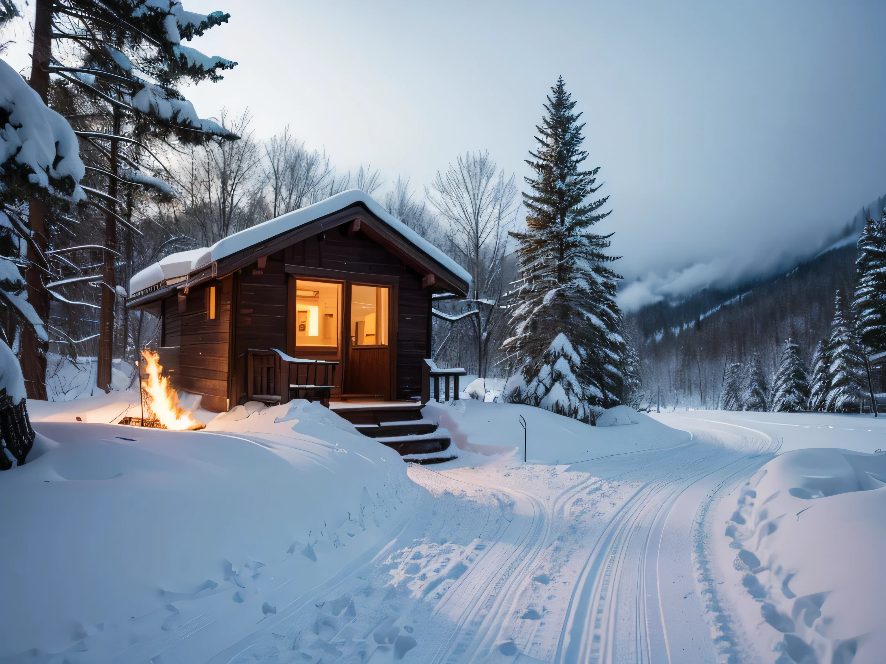 Heavy snow is flying,End of the forest path,There is a hut with a fire burning in the fireplace