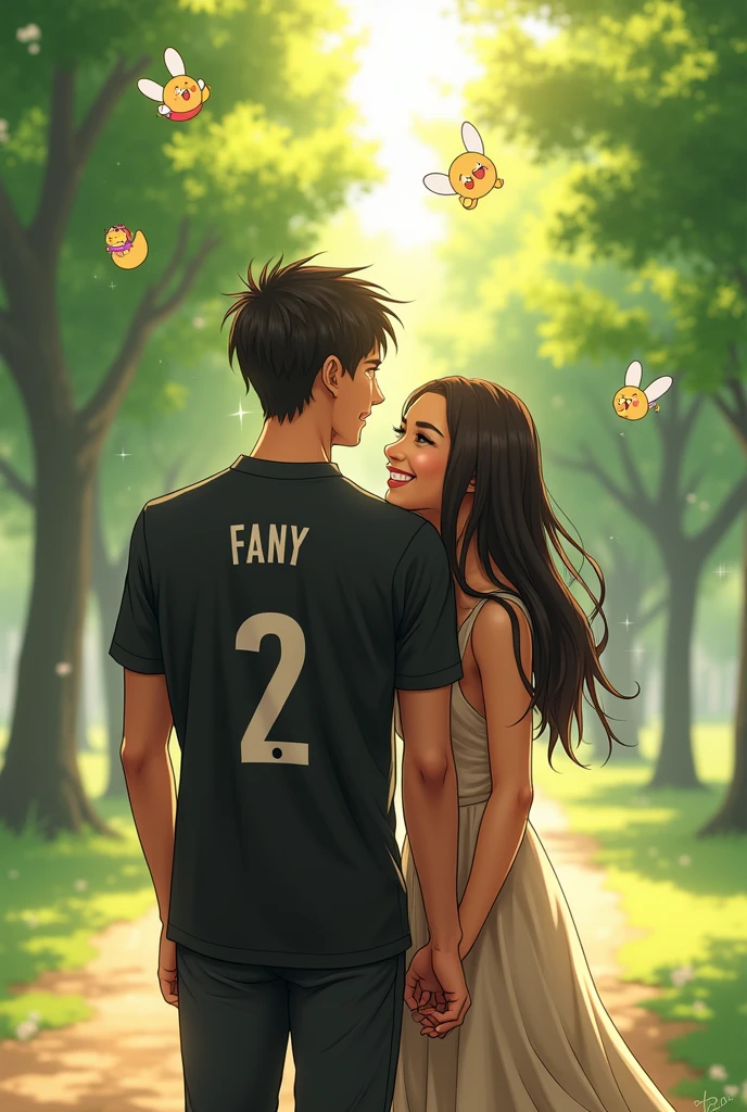 High quality photographs, with the names on his black football shirt, with the number 2 below the name, Fany as a man and Gilberto as a woman, as a couple in love, with anime cartoons The couple is walking back to back in the park 