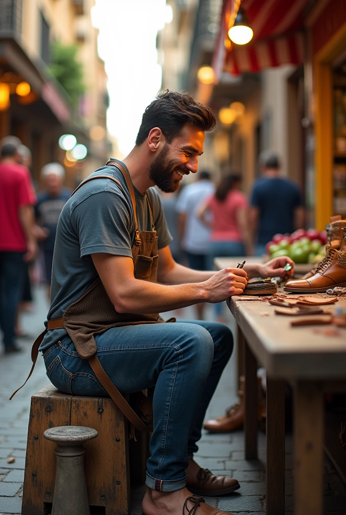 Messi as a cobbler beside the road
