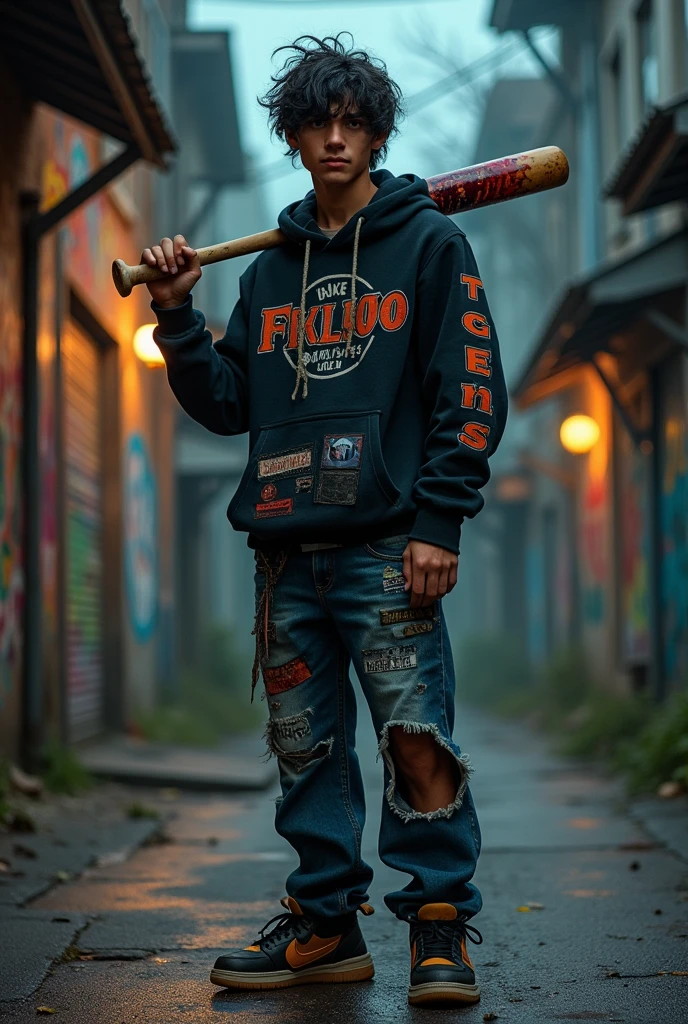 Teenager Tom with dark hair, skater gangstar outfit, evil smile holding a bloody baseball bat on his shoulder