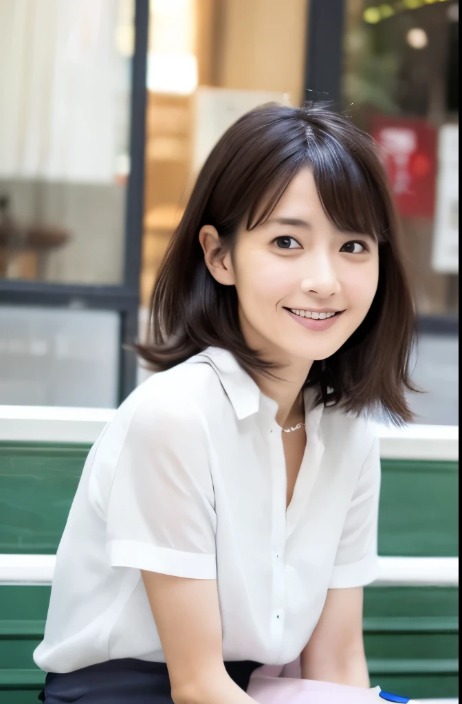 Masterpiece, daily snapshot, a skinny Japanese wife, 30 years old, {long|short} hair, cute face, detailed face, detailed eyes, wearing a white blouse and a gray skirt, sitting in a cafe