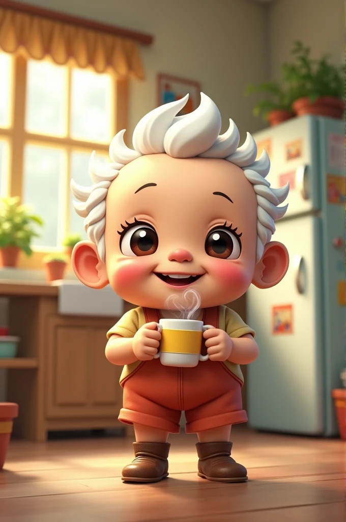 A chibi grandfather, wearing a singlet, shorts, boots, is holding a cup of coffee