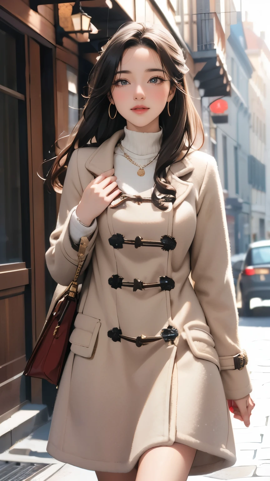 Woman walking slowly along cobblestone road in winter, beautiful eyes, detailed face, necklace, stone street, beige duffle coat with red long skirt, blurred background