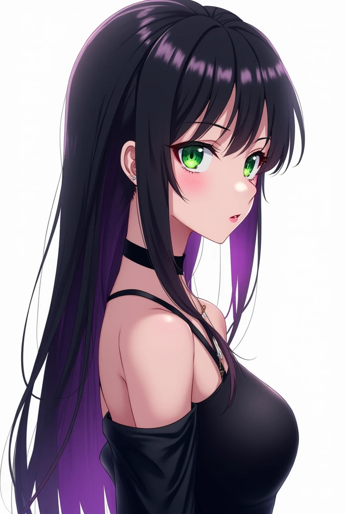 The background is all white. The body is facing in the direction of the right eye. The girl has long black hair with a purple inner layer and a hime cut. She has a black choker around her neck.。Wearing a black dress with exposed shoulders and long sleeves that hide the hands, piercings under the mouth and in both ears, mature woman with green eyes, anime character, anime style　PA