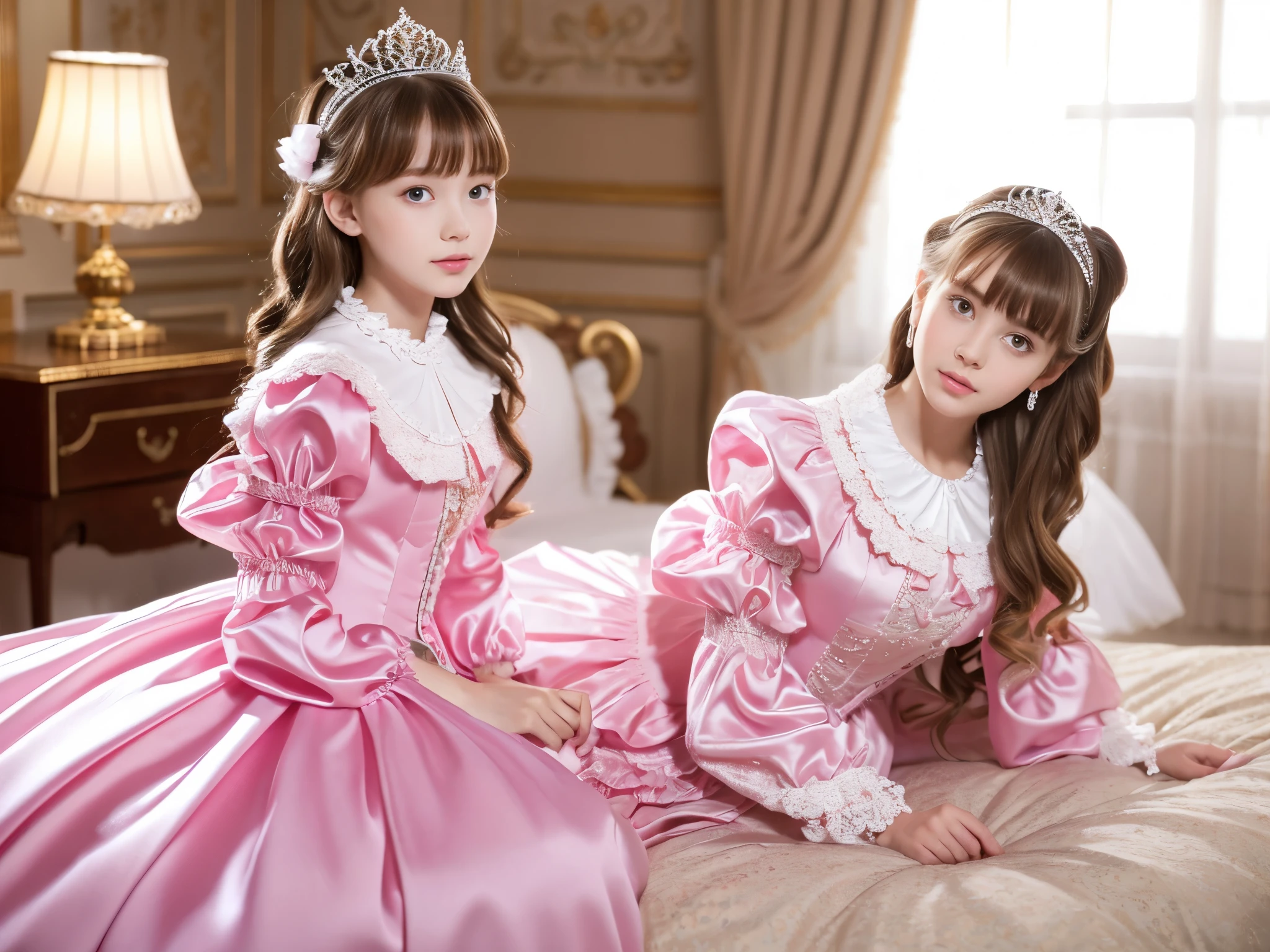 ,highest quality, masterpiece, highest resolution, artwork, super それにget used to it, many get used to it, get used to it, それにget used to it, 3k realistic pictures,,(( girls)),Ultra-detailed juvenile face,three are princesses,full length ball gown dress with hoop skirt,ruffled yoke collar,puff sleeves,long sleeve,((Lolita style hot pink detailed princess satin dress with lots of ruffles and ribbons)),Rococo style lolita fashion,shiny satin dress,Soft and smooth fabric,luxury,long blonde hair,blue eyes,white skin european,Pajama,((in the bedroom)),luxury princess canopy frilled bed,super detailed bed,lying on the bed,High-quality background,