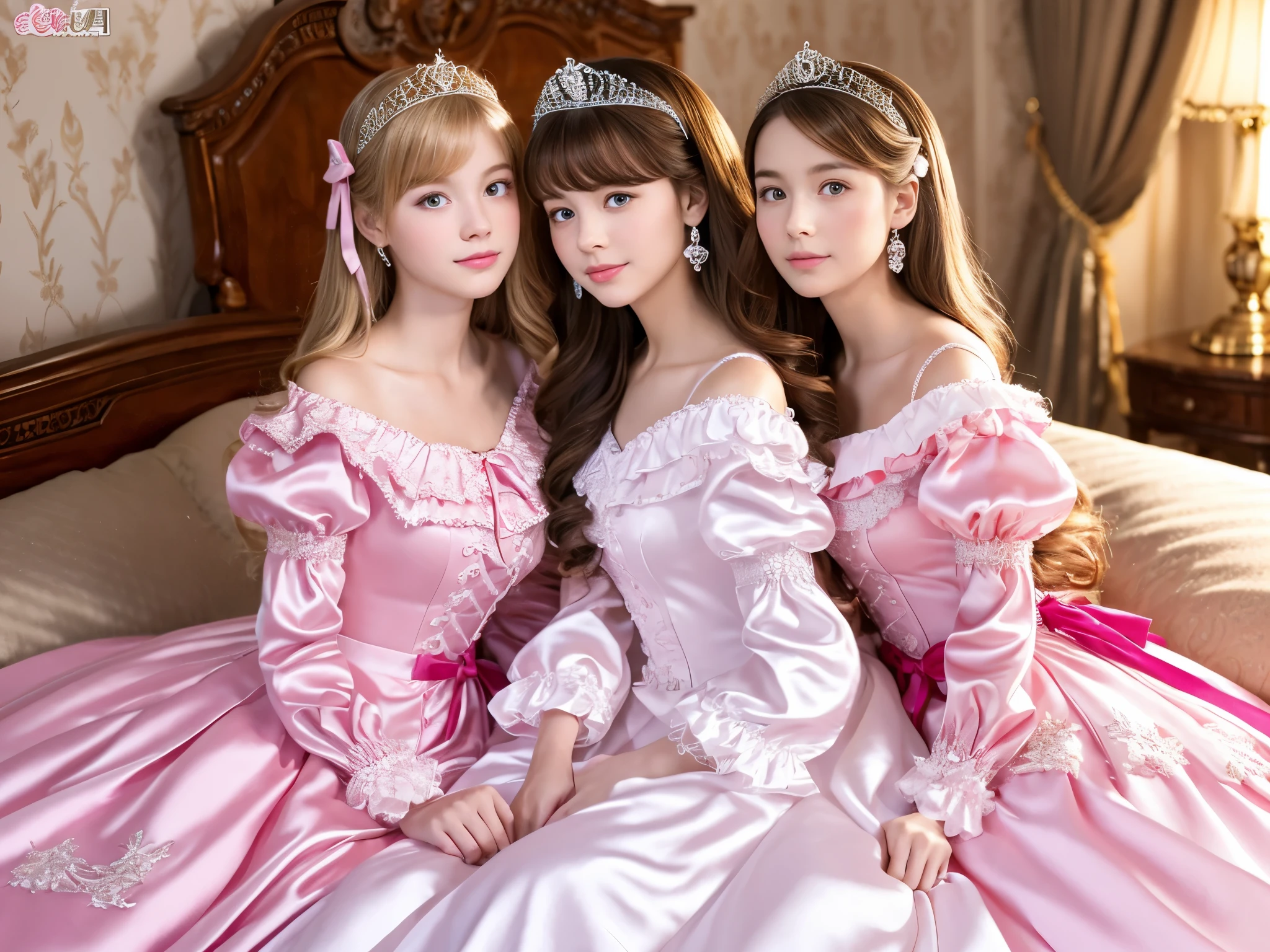 ,highest quality, masterpiece, highest resolution, artwork, super それにget used to it, many get used to it, get used to it, それにget used to it, 3K realistic photos,,((女の子)),Super detailed baby face,thls are princesses,Full length ball gown dress with hoop skirt,ruffled yoke collar,puff sleeves,long sleeve,((Lolita style hot pink detailed princess satin dress、Comes with lots of frills and ribbons。)),colorful rococo fashion,shiny satin dress,Soft and smooth fabric,luxury,long blonde hair,blue eyes,white skin european,pajamas,((inside the palace)),,,(( 10 years old)),Super y face,Full length ball gown d hoop skirt,long skirt,ruffled yoke collar,puff sleeves,腰まで伸びるlong blonde hair,blue eyes,white skin european,pajamas,((inside the palace bedroom)),シルクサテンのluxuryなcanopy bedの上,canopy bed,Luxurious curtains on both sides of the bed,many frilly pillows on the bed,super detailed background,Detailed bed,romantic atmosphere,two little princesses on the bed,Two people hugging each other,((((Both legs are hidden in the dress)))),the dress is spread out on the bed,soft silk satin comforter,soft silk satin ruffled pillow,Beautiful girl illustration,detailed beautiful face detailed hair,detailed human eye ,detailed mouth, arm details,fine hands,Detailed pillow,