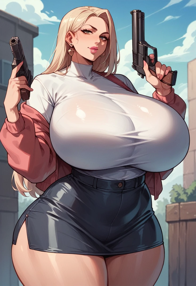 Anime Milf,massive breasts,massive ass,wide hips,wears tight shirt,short black skirt,pink lips,guns