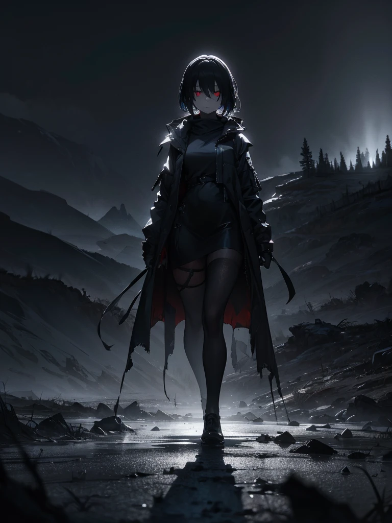 Standing in the Wilderness, 8K high resolution, White Background, The background is a dark and desolate landscape, Horror movie atmosphere. Her figure is very beautiful, Emphasizing the dark and crazy elements. Skillfully expressing the effects of light and shadow, Anime &#39; Line, Mechanized Soldier Girl, &#39; Line style