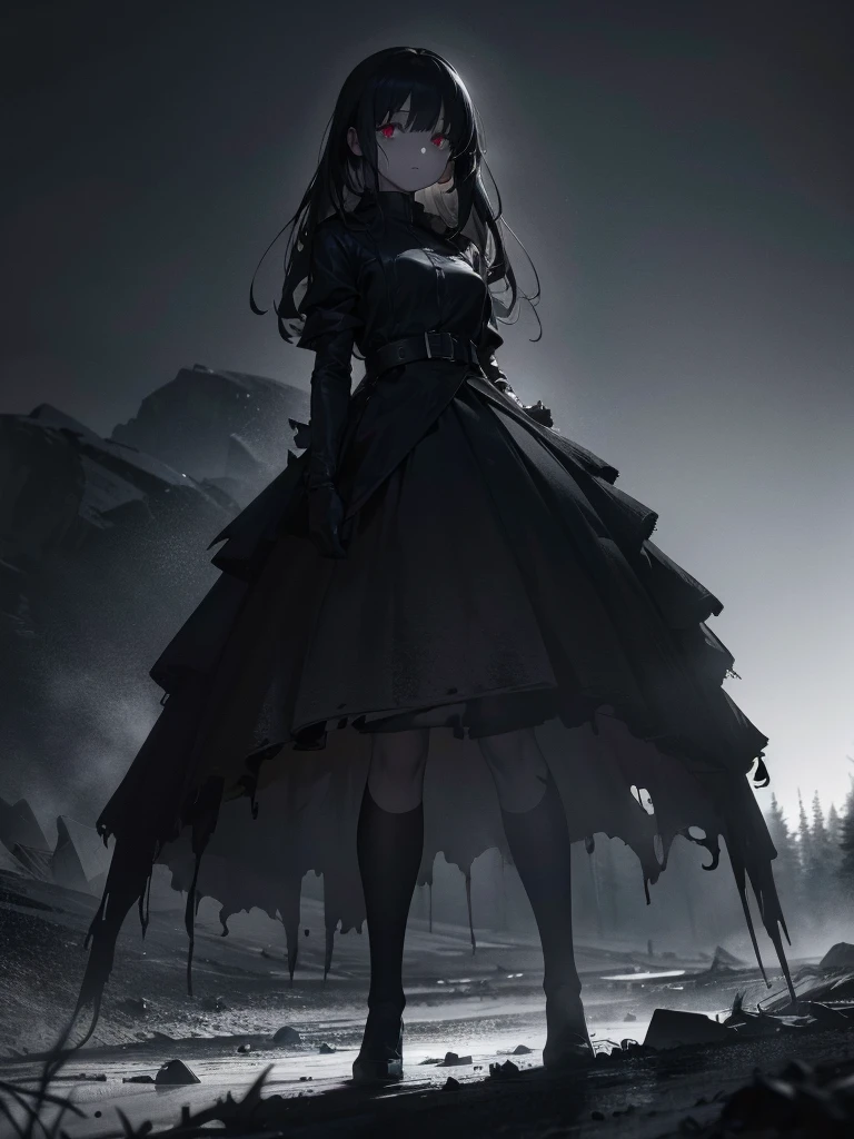 Standing in the Wilderness, 8K high resolution, White Background, The background is a dark and desolate landscape, Horror movie atmosphere. Her figure is very beautiful, Emphasizing the dark and crazy elements. Skillfully expressing the effects of light and shadow, Anime &#39; Line, Mechanized Soldier Girl, &#39; Line style