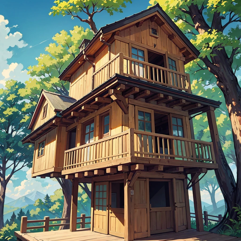 2 houses, A lovely little tree house high up in an oak tree, with wooden walls and a red tile roof. . It will have a small terrace around it, with vines climbing up the columns and a 2-story cabin on one side connected to the tree house by a rope and wood bridge, oak tree coming out of the tree house, 2 houses en la foto