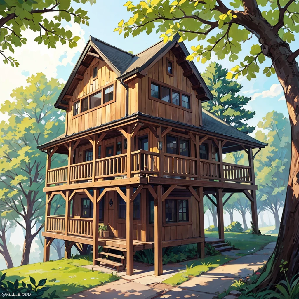 2 houses,  A lovely little tree house high up in an oak tree, with wooden walls and a red tile roof. . It will have a small terrace around it, with vines climbing up the columns and a 2-story cabin on one side connected to the tree house by a rope and wood bridge, oak tree coming out of the tree house,  2 houses en la foto
