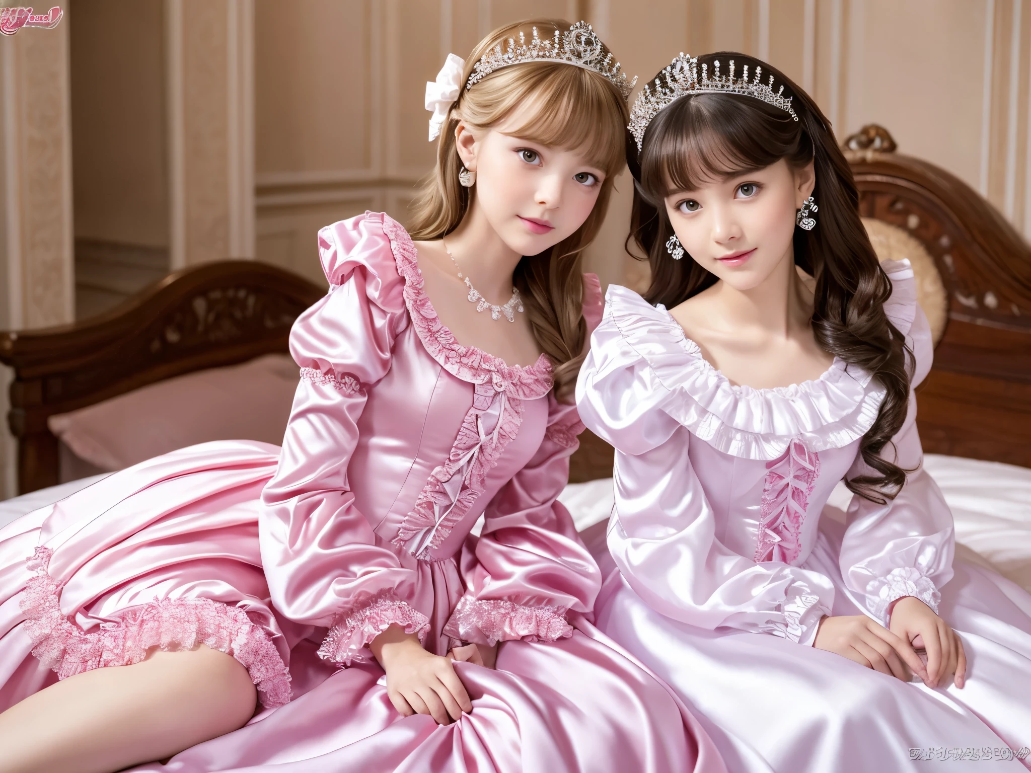 ,highest quality, masterpiece, highest resolution, artwork, super それにget used to it, many get used to it, get used to it, それにget used to it, 3k realistic pictures,,((10 year old little girls)),Ultra-detailed juvenile face,three are princesses,full length ball gown dress with hoop skirt,ruffled yoke collar,puff sleeves,long sleeve,((Lolita style hot pink detailed princess satin dress with lots of ruffles and ribbons)),Rococo style lolita fashion,shiny satin dress,Soft and smooth fabric,luxury,long blonde hair,blue eyes,white skin european,Pajama,((in the bedroom)),luxury princess canopy frilled bed,super detailed bed,lying on the bed,High-quality background,