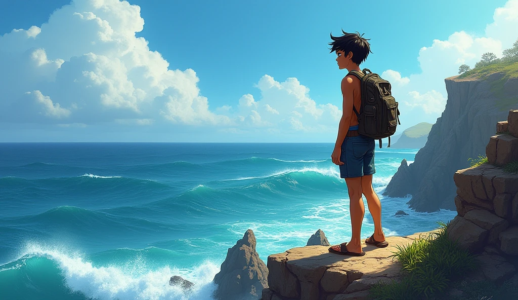 Kai is a lean, wiry teenager with tanned skin from long days spent under the sun. His hair is dark and unruly, often tousled..A young boy with determination in his eyes, gazing out at the vast, endless ocean from a rocky cliff, dreaming of adventure."**