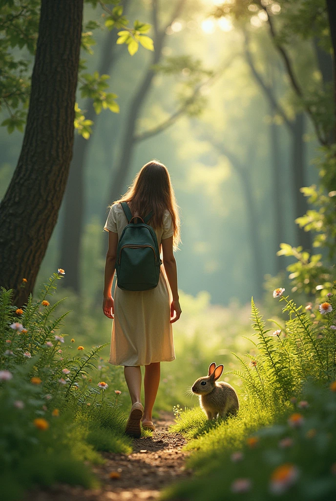 .: A  walking in the forest, looking down and seeing a cute, fluffy rabbit in front of her.

