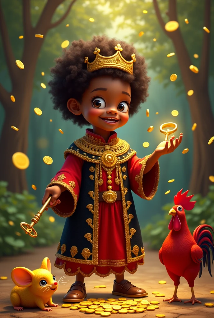 Holy Elegua, black boy , black curly hair of approximately seven years, standing, smiling, In one hand he holds a key and in the other he has gold coins. that is dropping to the ground, with a golden crown and a red and black tunic embroidered in gold. Next to his right foot a golden mouse and next to his left foot a red rooster.