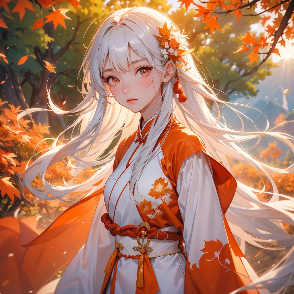 A beautiful girl with long hair, wear white ancient chinese clothing, Walking in a mountain that turns orange-red in spring, with the sun shining on her face, close up.
The backdrop is a mountain that turns orange-red in spring, and maple leaves fall from the trees.
