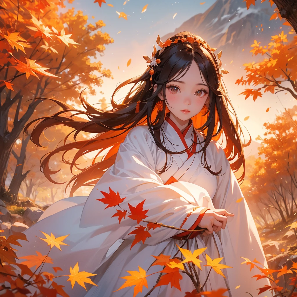 A beautiful girl with long hair, wear white ancient chinese clothing, Walking in a mountain that turns orange-red in spring, with the sun shining on her face, close up.

The backdrop is a mountain that turns orange-red in spring, and maple leaves fall from the trees. 