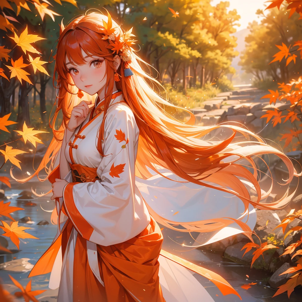 A beautiful girl with long hair, wear white ancient chinese clothing, Walking in a mountain that turns orange-red in spring, with the sun shining on her face, close up.

The backdrop is a mountain that turns orange-red in spring, and maple leaves fall from the trees. 