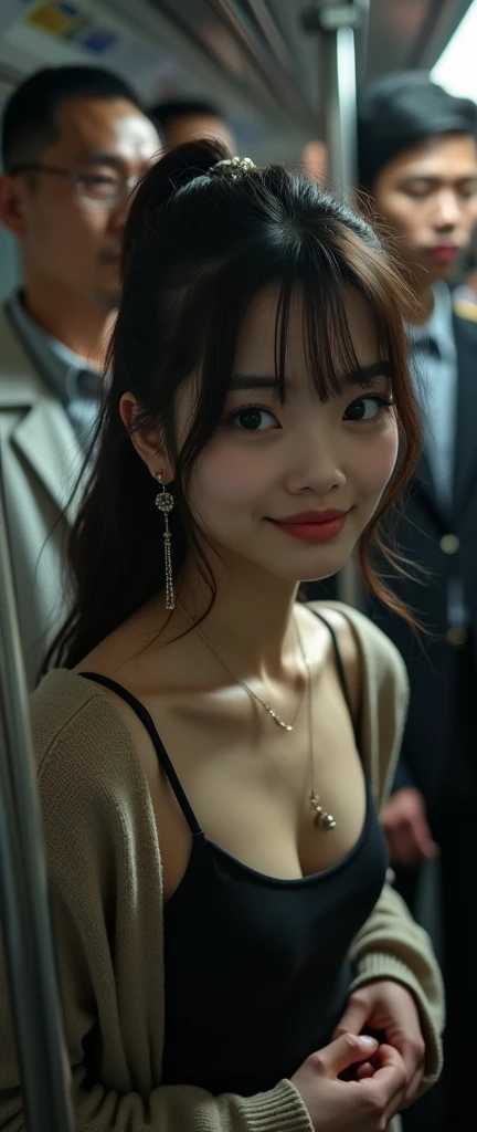 (32K:1.9, Highest quality, masterpiece, Ultra-high resolution, Professional low-angle camerawork:1.5, Very detailedな肌と顔の質感:1.4), Always accurate, Very detailed, Bag, (((crowded train:2.0, Multiple Hand Representations:2.2, Several men touched parts of her body.:2.5))), ((A short Japanese woman of 25 years old, Big breasts on the verge of collapse:1.2, Camisole dress and cardigan:1.5, Incredibly slim body:1.3, areola is not visible)), belt, Fair skin, elegant, sense of cleanliness, Thin eyebrows, (Big eyes that exude beautiful eroticism:0.4, Embarrassed smile:1.0, I despise you from the bottom of my heart:0.8, Open your mouth a little, lipstick, Feel the beautiful eroticism:0.9, Dark brown medium hair), Earrings, necklace, bracelet, romantic, mysterious, Object of admiration, original, dramatic, artistic, Innovative, charm, Heartful, Fancy, Tilt, sense of loss, special, ((exciting, Extreme, sense of openness, suffering, sufferingの表現)), (((Mistakes made due to youth, 女性的なcharm)))